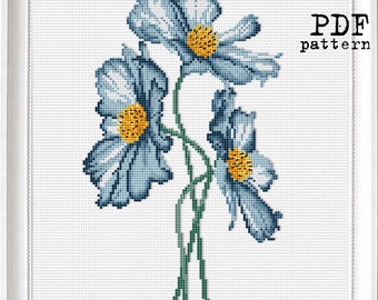 Blue cosmos flowers - Cross Stitch PDF Pattern - Modern Embroidery - XStitch botanical art 4 in 1