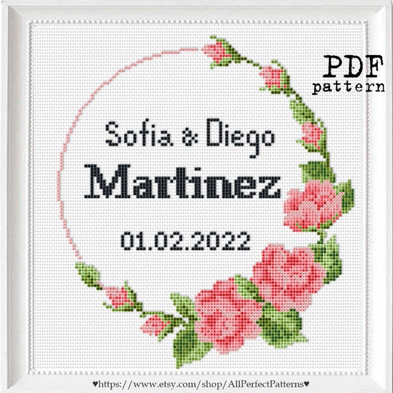 flower wreath wedding sampler Wedding Record with Pretty Bears in Roses Modern Cross Stitch PDF Pattern for beginners