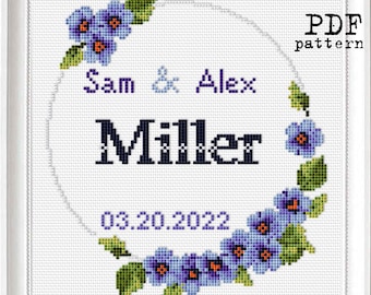 Pattern: Wedding record Forget me Not Cross Stitch PDF sampler ABC included Blue flower Modern embroidery