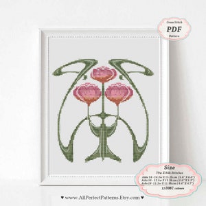 Tulip Art Deco Flowers Floral borders Digital Cross Stitch PDF Pattern for Pillowcase cushion luxury modernity style Home decor