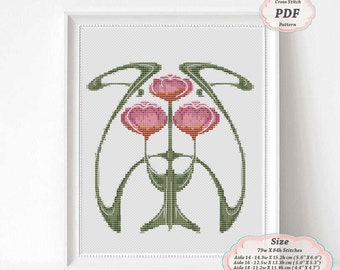 Tulip Art Deco Flowers Floral borders Digital Cross Stitch PDF Pattern for Pillowcase cushion luxury modernity style Home decor