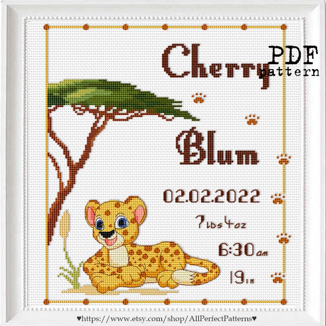 Cheetah Baby Birth and Adoption Announcement Cross Stitch PDF Pattern ...