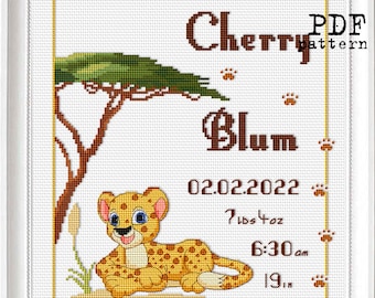 Cheetah Baby Birth and Adoption announcement Cross Stitch PDF Pattern Unisex Nursery baby sampler baby born sign