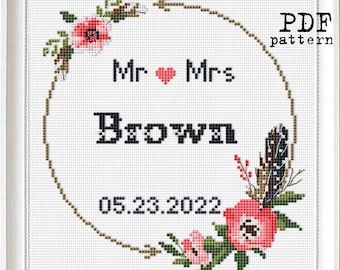 Pattern: Wedding record Tribal Flower wreath Cross Stitch PDF ABC included Modern embroidery sampler