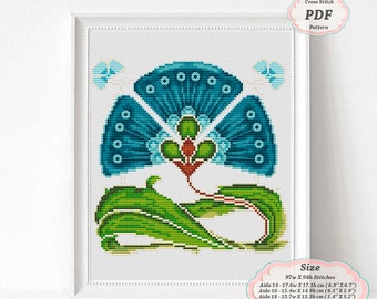 Art Nouveau Blue Flower Floral borders - Cross Stitch PDF Pattern for Pillowcase, Victorian Era style Home decor