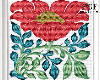 Red Dahlia Art nouveau Flowers Floral borders Digital Cross Stitch PDF Pattern for home decor cushion luxury modernity style Home decor