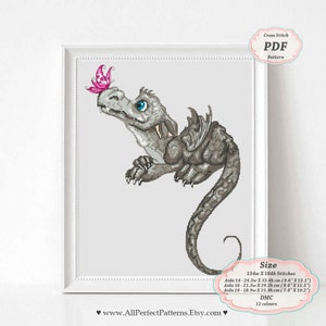 Grey Dragon - Cross Stitch PDF Pattern, Modern embroidery hoop art