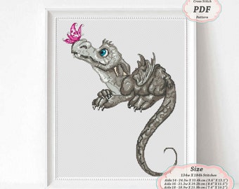 Grey Dragon - Cross Stitch PDF Pattern, Modern embroidery hoop art