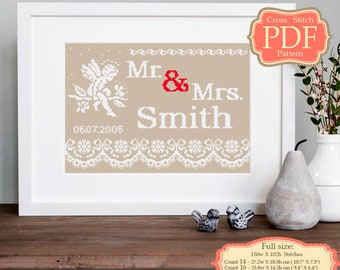 Wedding Records White Lace and Angel-  Cross Stitch PDF Pattern CustomWedding Gift