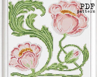 Art Nouveau Pale Dusty Rose Lisianthus Floral borders - Cross Stitch PDF Pattern for Pillowcase, Victorian Era style Home decor