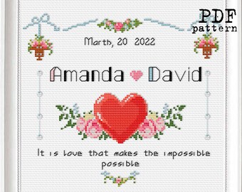 Wedding record with big Heart and Love Quotes Custom Cross Stitch PDF Pattern, Modern embroidery