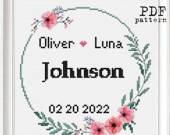 Pattern: Wedding record Cherry Blossom Flower wreath Cross Stitch PDF ABC included Modern embroidery sampler