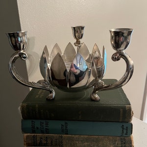 Vintage Silver Plated Lotus Flower Candelabra Flower Frog