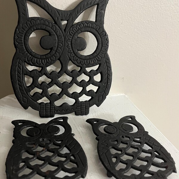 Set of Three Cast Iron Owl Trivets