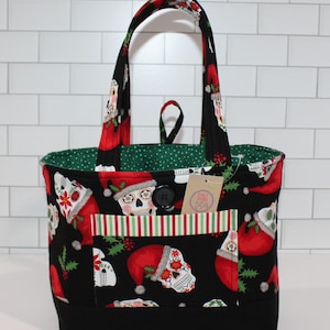 Unique Santa Tote, Bags and Purses, Handcrafted Gift, Cotton Fabric, Open Top Tote, Birthday Gift, Gift for Her, Christmas Gift