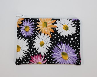 Floral Coin Purse/Card Holder with White Zipper, 6" x 4",  Travel Pouch, Small Make Up Pouch, Zippered Pouch, Birthday Gift