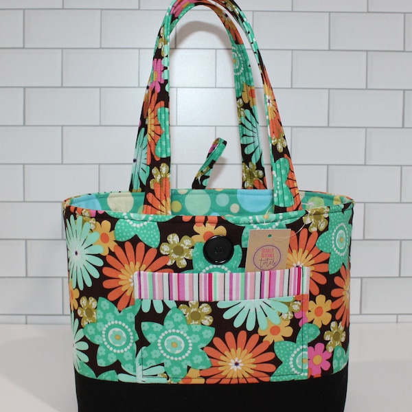 Colorful Flower Tote Bag, Bags and Purses, Handmade Bag, Cotton Fabric Bag, Open Top Tote, Birthday Gift, Unique Tote, Floral Appreciation