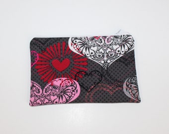 Heart Pouch/Card Holder, Cosmetic Bag for Purse or Travel, Zipper Pouch, 8" x 5 1/4", Bags & Purses, Red Hearts Bag, Gift for Her