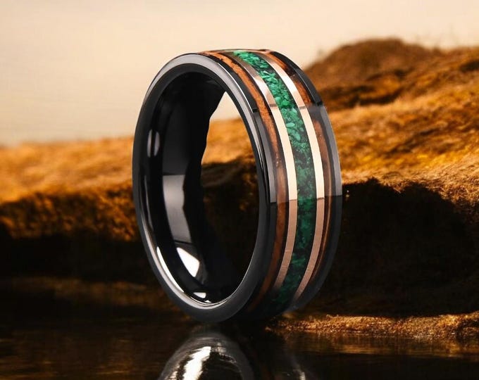 Malachite and Burnt Whiskey Barrel Wedding Ring, Malachite Ring, Men's Ring, Men's Wedding Band, Wedding Ring Men, Men's Wedding Ring Green