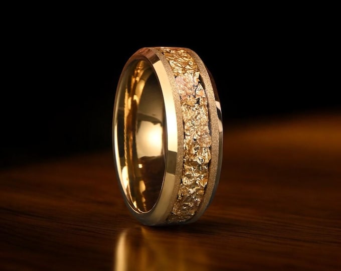 Gold Leaf Tungsten Ring: 8mm Frosted Gold Wedding Band, Gold Tungsten Ring, Unique Gold Ring, 18k Gold Men Ring, Men Promise Ring, Mens Ring