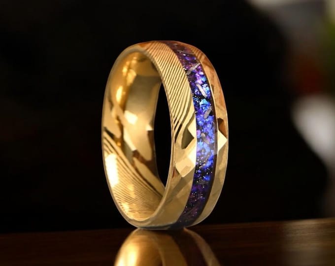 Gold Damascus Nebula Ring | Damascus Meteorite Ring | Galaxy Wedding Ring | Men Damascus Engagement Ring | Gold Wedding Ring | Men 8mm Ring
