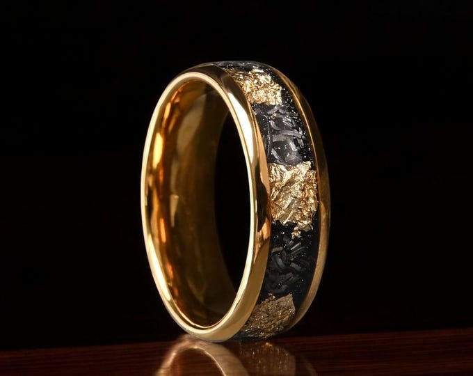 Meteorite Gold Leaf Wedding Band, Crushed Meteorite & Gold Ring, Men Wedding Band, Gold Tungsten Ring, Men Ring, Promise Ring, 8mm Ring