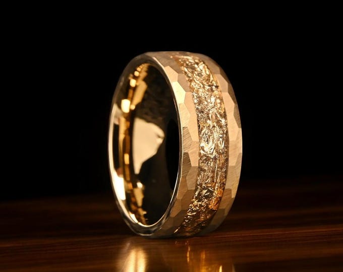Hammered Brushed Gold Leaf Wedding Ring | 8mm Men Wedding Ring | Gold Leaf Band | Hammered Ring | Gold Engagement Ring | Promise Band | Dome