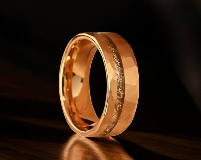 Hammered Gold Leaf Inlaid Ring | Men Wedding Ring | Gold Leaf Band | Hammered Gold Ring | 8mm Gold Ring Men | Engagement Anniversary