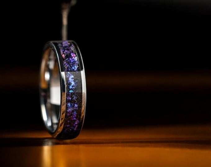 Blue Sandstone Orion Nebula Silver Wedding Band , Cosmos Galaxy Outer Space Unique Tungsten Ring, Best Ring For Him , Anniversary Gift , 8mm