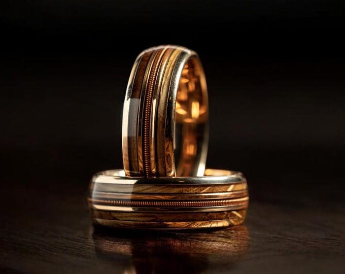 Whiskey Barrel & Guitar String Ring: Rose Gold Tungsten, Koa Wood Inlay