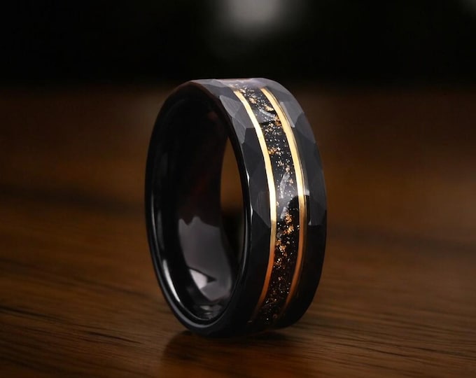 Meteorite Gold Leaf Tungsten Ring: Hammered Black Gold Wedding Band