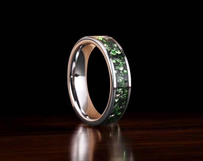 Crushed Emerald Glass Stone Womens 6mm Silver Wedding Ring, Green Gemstone Ring, Women Wedding Band, Dome, Polish, Promise Ring Gift For Her