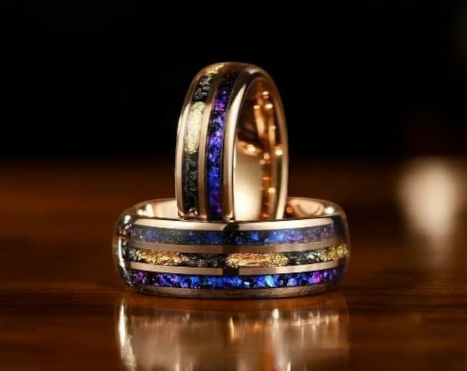 Blue Sandstone Tungsten Ring: Gold Leaf Meteorite Wedding Band