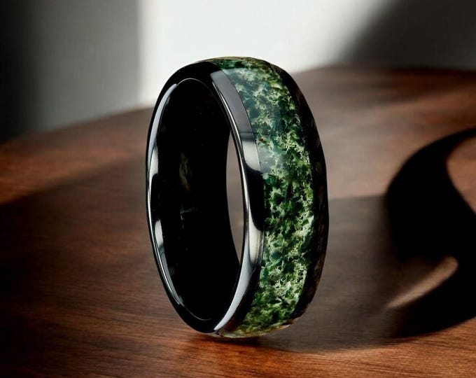 Moss Agate Men Black Tungsten Wedding Ring, Natural Eco-Friendly Moss Agate Ring, Green Men Ring, Anniversary Ring, Promise Ring For Him