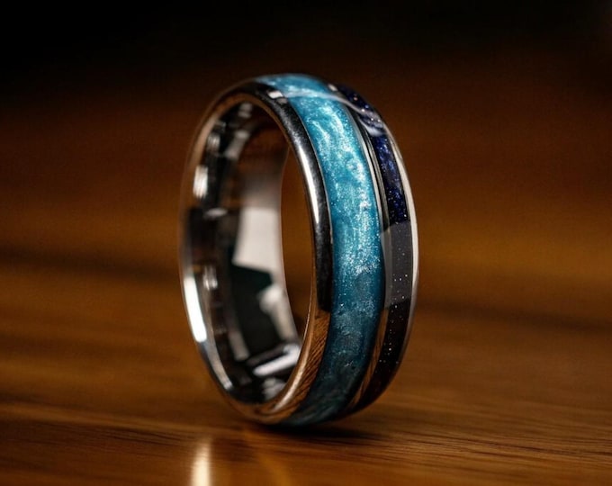 Blue Sandstone Tungsten Wedding Band: Crushed Pearl Inlay, Cosmos Ring