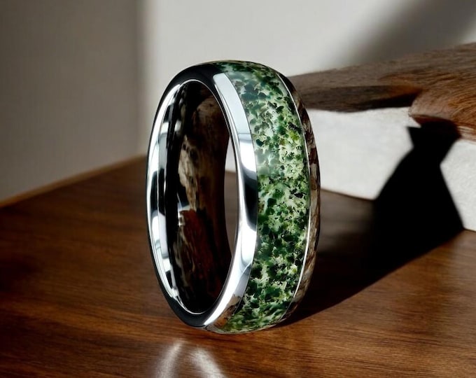 Moss Agate Men 8mm Silver Tungsten Wedding Ring, Natural Eco-Friendly Moss Agate Silver Men Ring, Green Men Ring , Promise Ring Gift For Him