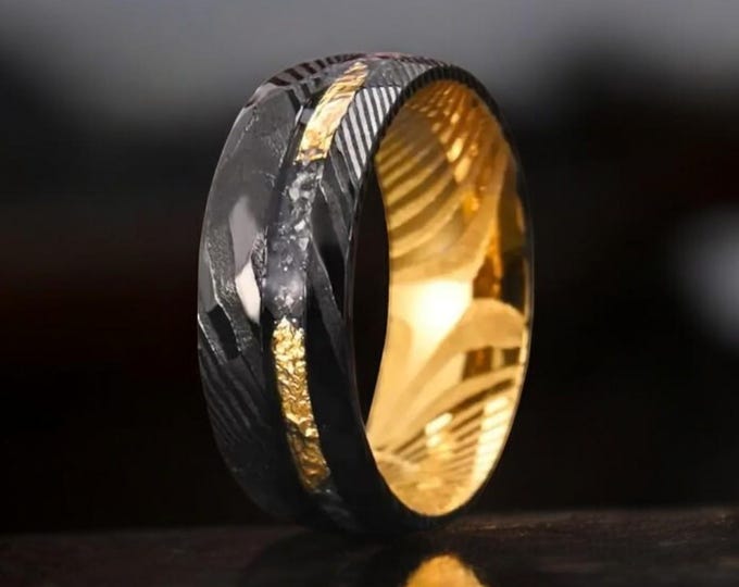 Black Hammered Damascus Gold Leaf Ring | Damascus Men Wedding Ring | Promise Ring For Him | Ring Gift For Him Comfort Fit | Gold Ring 8mm