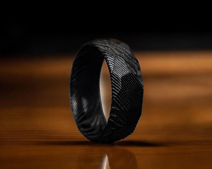 Damascus Steel & Black Hammered Mens 8mm Wedding Ring, Black Steel Hammered Band, Black Ring Damascus, Men Engagement Ring, Men Wedding Band