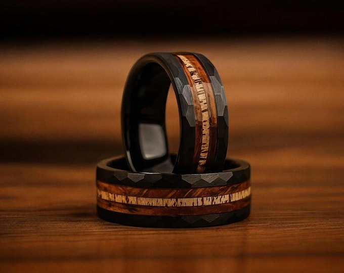 Deer Antler & Charred Whiskey Barrel Wood Hammered Mens 8mm Black Tungsten Wedding Ring, Mens Wooden Wedding Band, Antler Ring