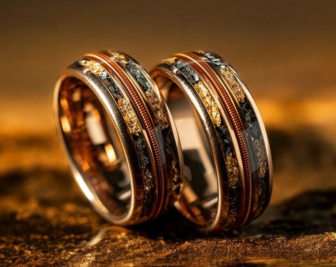Meteorite with Gold Leaf & Guitar String Rose Gold Band, Men Guitar String Ring,  Meteorite Wedding Band, Promise Ring For Him, Husband Gift