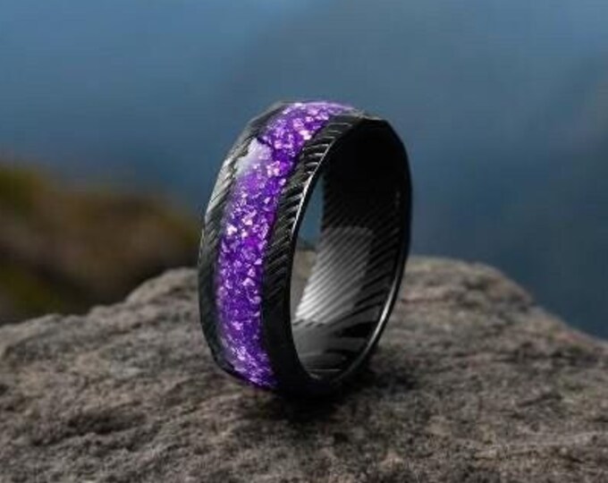 Amethyst | Black Damascus Ring , Moss Agate, Galaxy Sandstone, Gold Leaf, and Nebula Inlays | Purple Wedding Band | Handmade in the USA