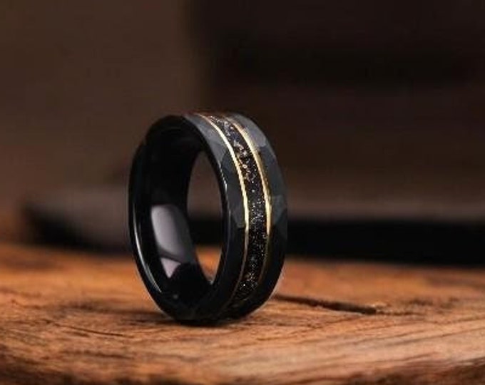 Meteorite Gold Leaf Men Ring, Hammered Two Tone Black Gold Accent Tungsten 8mm Men Wedding Band, Unique Real Meteorite Ring, Comfort Fit