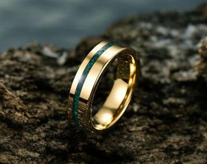 Green Fire Opal & Tungsten Wedding Band | Gold Tungsten 8mm Wedding Ring | Gold Opal Wedding Band | Opal Tungsten Ring | Gift For Her |