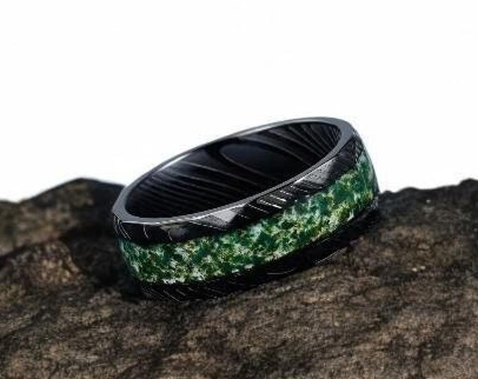 Black Damascus Ring With Moss Agate Inlay | Amethyst Inlay | Galaxy Sandstone Inlay | Amethyst & Gold Leaf Inlay | Nebula Inlay | 8mm | Dome