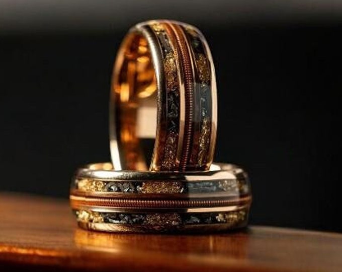 Meteorite with Gold Leaf & Guitar String Rose Gold Band , 8mm Rose Gold Wedding Ring , Gold Leaf and Meteor , Guitar String Men Band