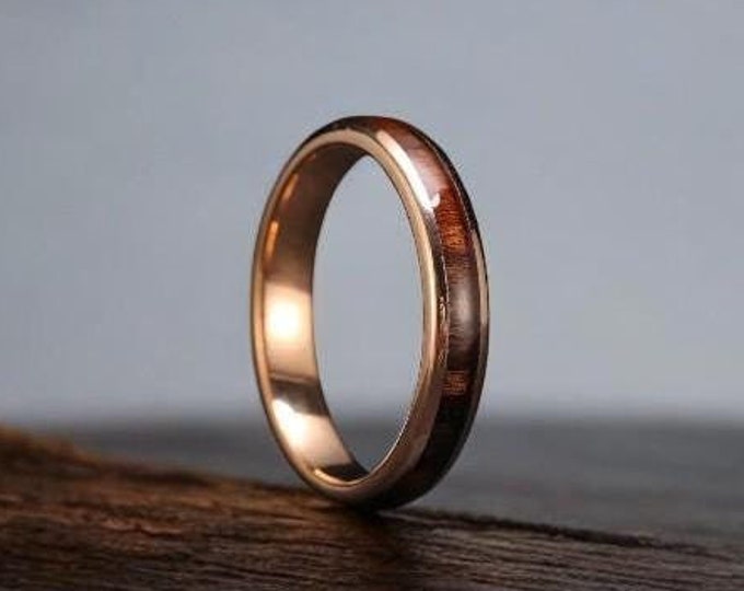 Rosewood | Rose Gold Tungsten Ring | Wedding Band | Wood Inlay Trendy Jewelry Comfort Fit | 4mm Ring Anniversary Bands | 4mm Rosewood Ring |