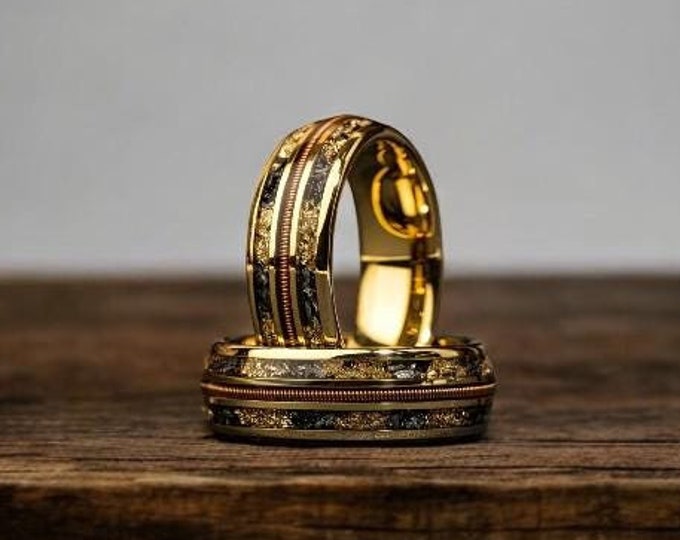 Meteorite & Gold Leaf Ring | Guitar String Men Wedding Ring | Promise Ring For Him | Ring Gift For Him Comfort Fit | Gold Guitarist Ring 8mm