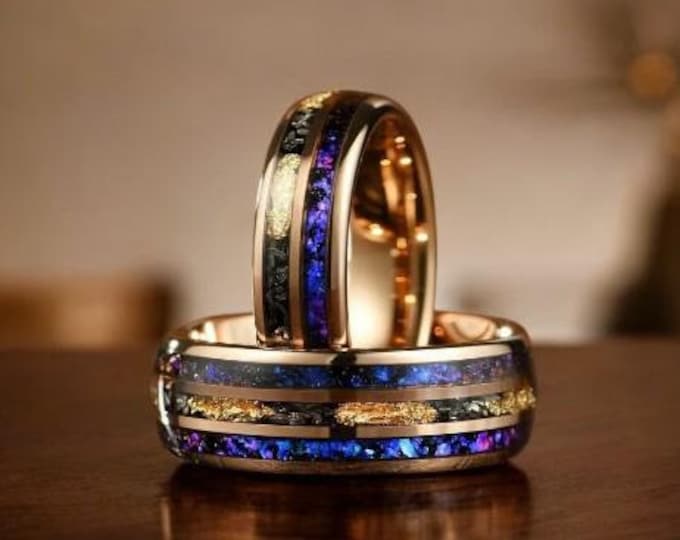 Blue Sandstone | Gold Leaf & Meteorite Tungsten Ring | Gold Meteorite Wedding Band | Nebula Wedding Ring | Sandstone Rings | 6mm 8mm