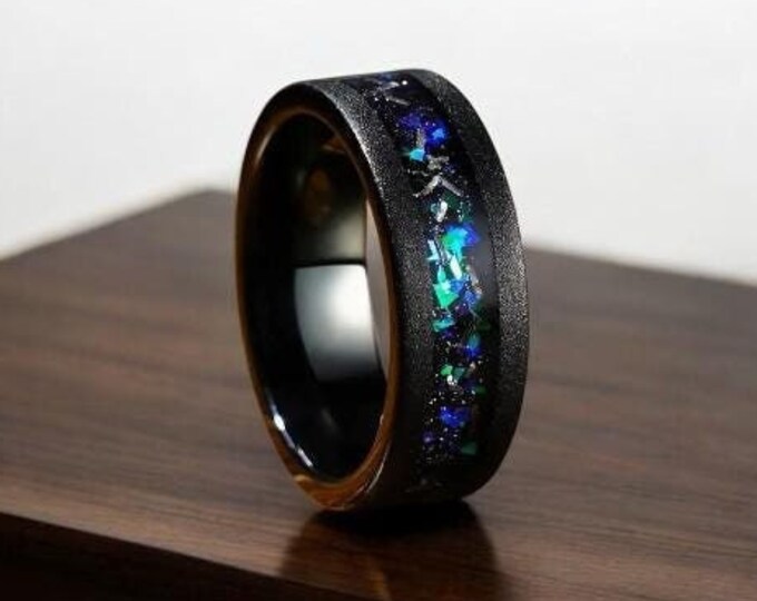 Crushed Stone Meteorite Sandblasted Tungsten Ring | Black Men Wedding Ring | Promise Ring For Him | Ring Gift For Him Comfort Fit | Ring 8mm