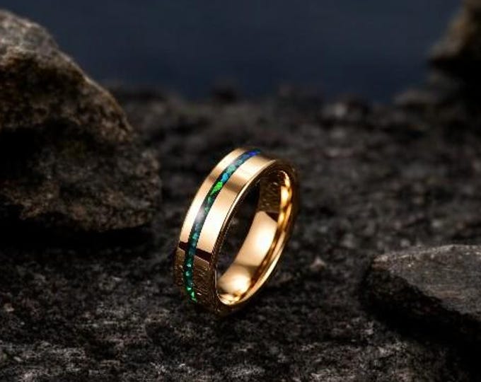 Green Fire Opal Tungsten Gold Ring | 8mm Band Gift for him & Her